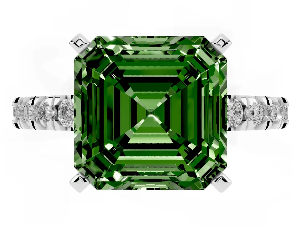 Fancy Green Asscher Cut Diamond Pavé Band Solitaire with Four-Prong Setting Silver