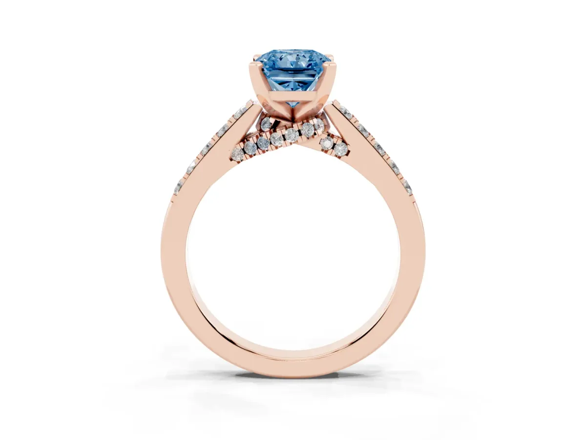 Fancy Blue Radiant Cut Diamond Solitaire Ring with Crossover Gallery and Round Pavé Band Rose gold