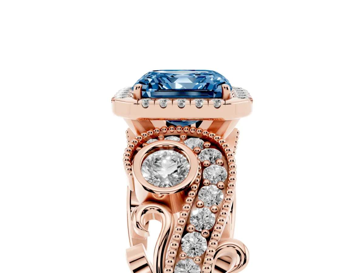 Fancy Blue Asscher Cut Halo Diamond Ring with Milgrain and Bezel Accents on a Split Shank Band Rose gold