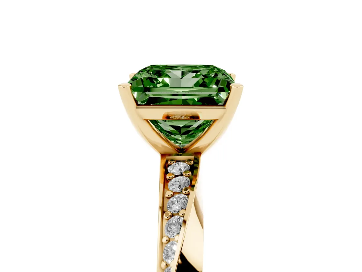 Fancy Green Princess Cut Diamond Engagement Ring with Side Stone Accents and Four-Prong Setting Yellow gold