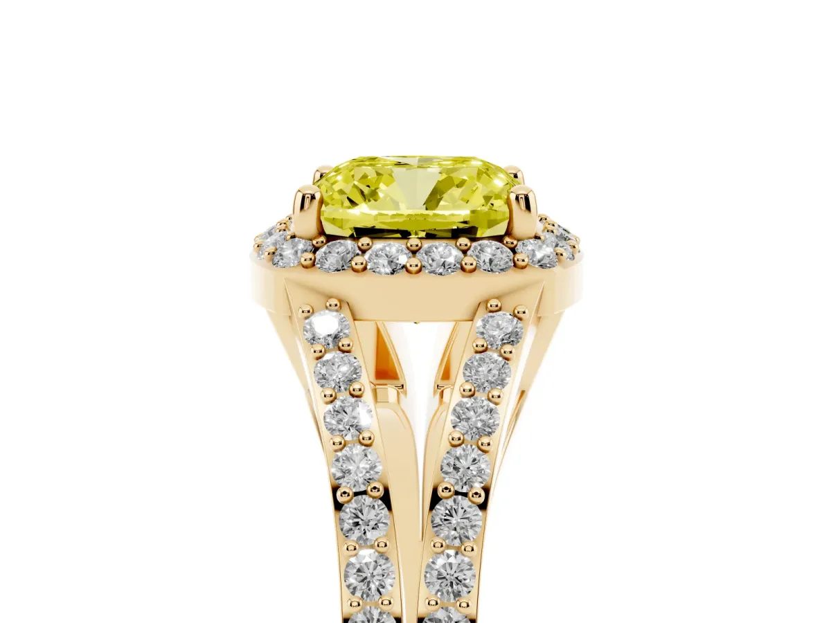 Fancy Yellow Cushion Cut Halo Split Shank Pave Diamond Ring with Four-Prong Setting Yellow gold