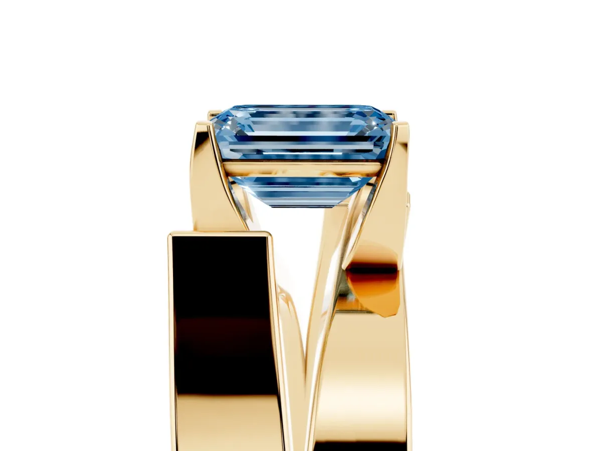 Fancy Blue Modern Tension Set Emerald Cut Diamond Solitaire Wide Band Ring Yellow gold