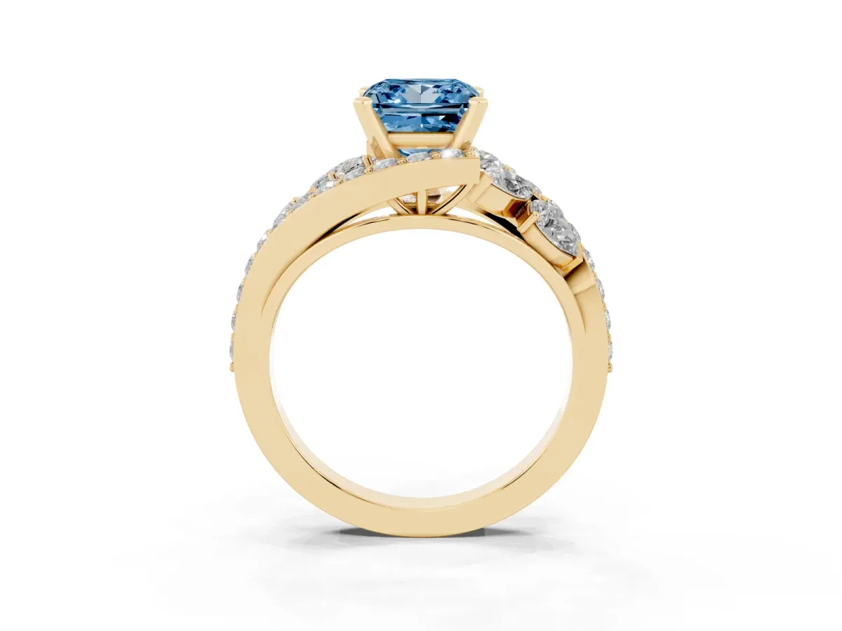 Fancy Blue Princess Cut Diamond Halo Ring with Marquise and Pavé Band in Prong Setting Yellow gold