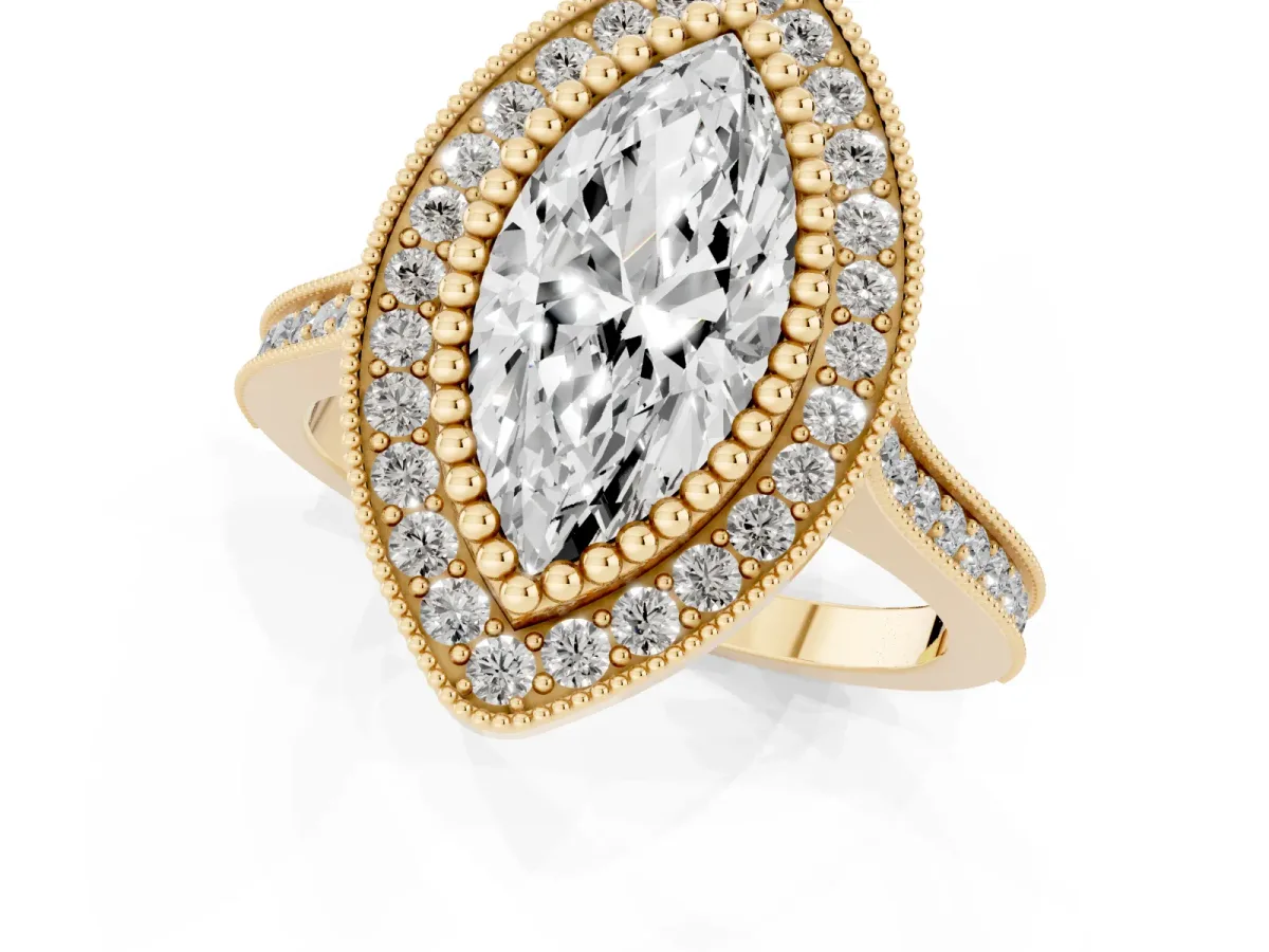 Marquise Cut Diamond Halo Ring with Milgrain Frame and Pavé Band Yellow gold