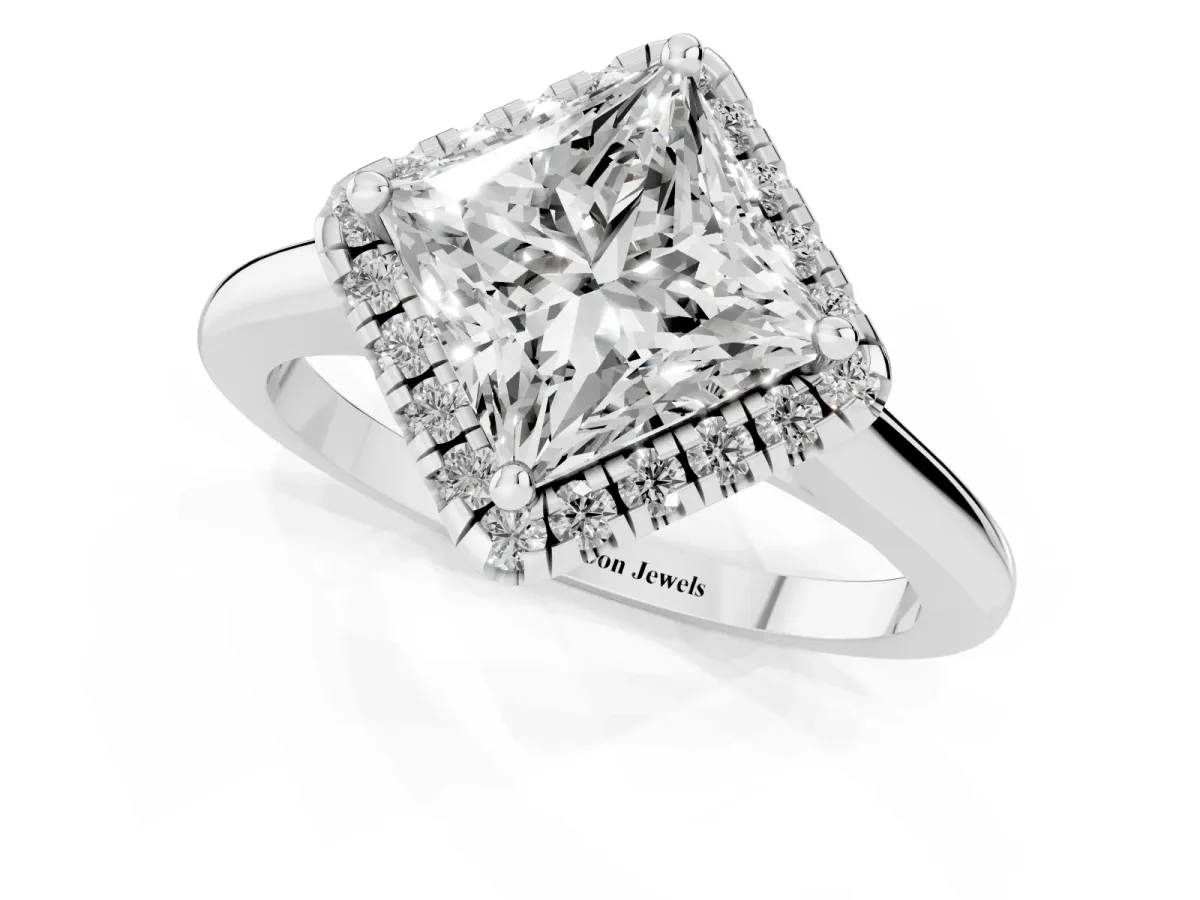 Princess Cut Halo Round Diamond Solitaire Engagement Ring with Pave Band and Four-Prong Setting White gold
