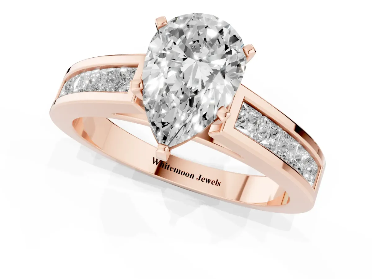 Pear Cut Solitaire Diamond Ring with Channel-Set Band and Four-Prong Setting Rose gold