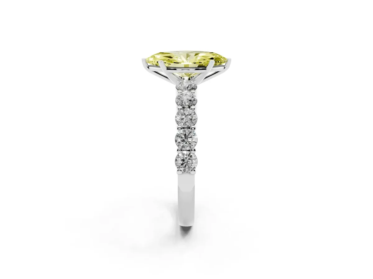 Fancy Yellow Marquise Cut Diamond Solitaire Ring with Shared Prong Round Side Stones Silver