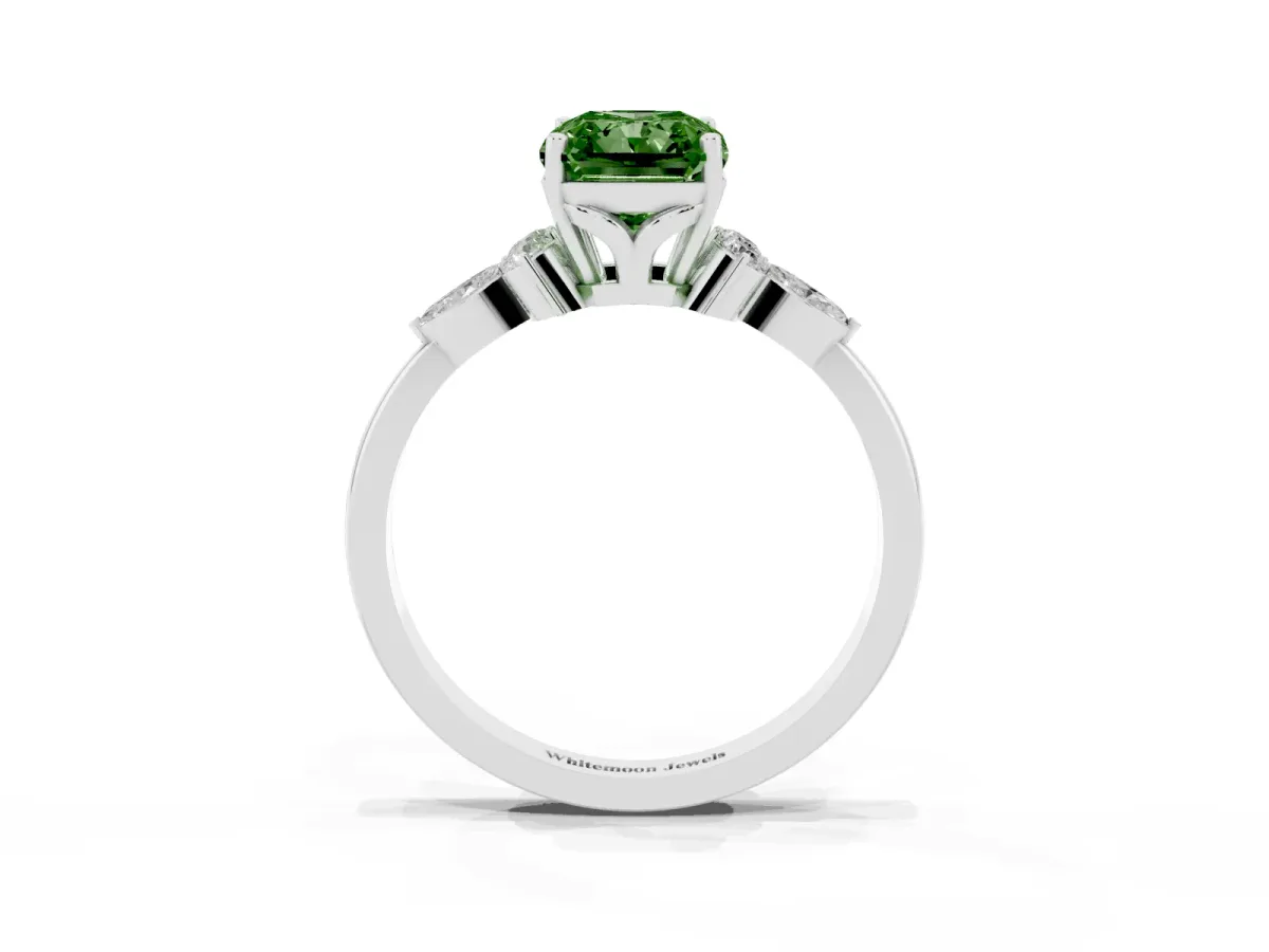 Fancy Green Radiant Cut Brilliant Diamond Solitaire Ring with Pear Side Stones and Four-Prong Setting Platinum