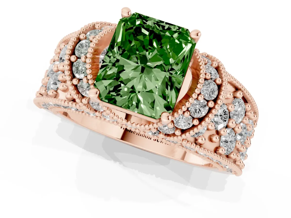 Fancy Green Radiant Cut Halo Pave Diamond Engagement Ring with Milgrain Detailing Rose gold