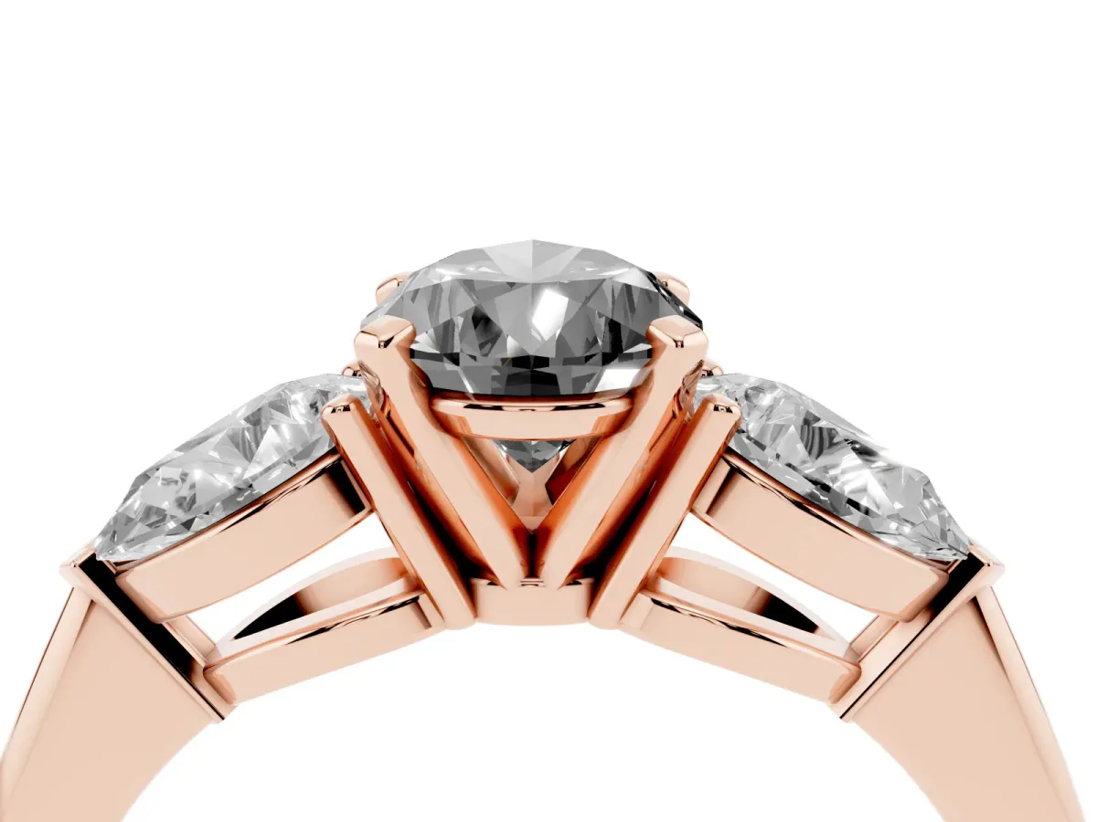 Fancy Black Three-Stone Pear Cut Diamond Ring with Pear Side Stones and Four-Prong Setting Rose gold