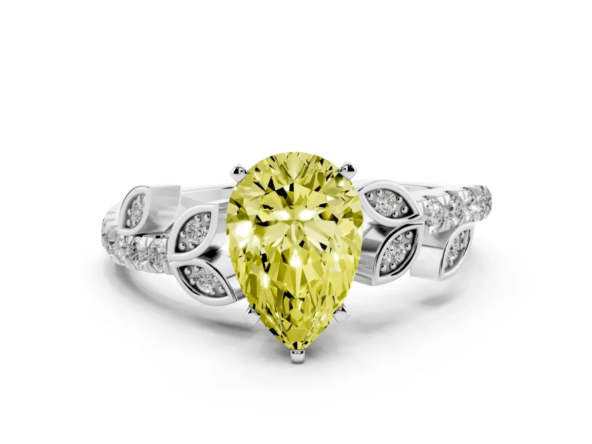 Fancy Yellow Pear Cut Solitaire Leaf-Inspired Diamond Ring with Pavé Band and Four-Prong Setting Silver