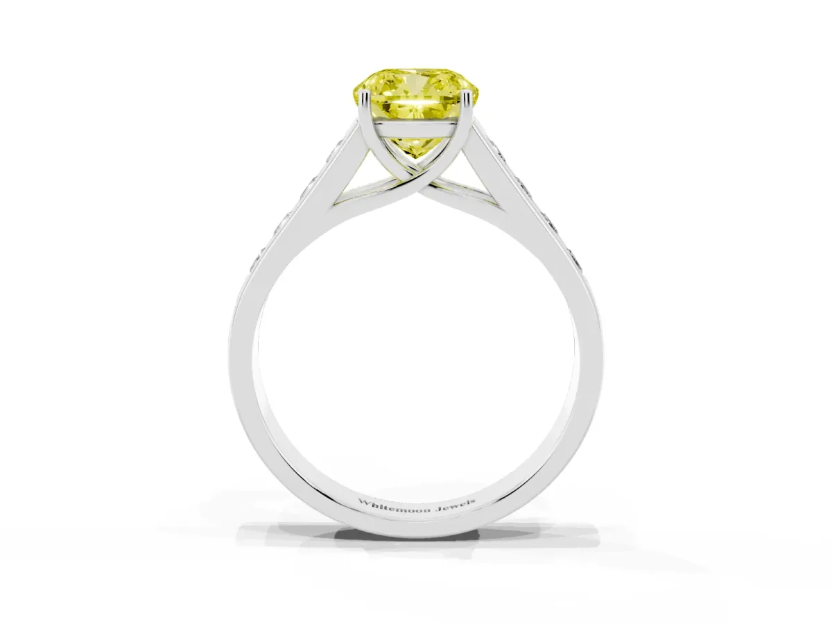 Fancy Yellow Cushion Cut Solitaire Channel-Set Diamond Engagement Ring with Four-Prong Setting Silver