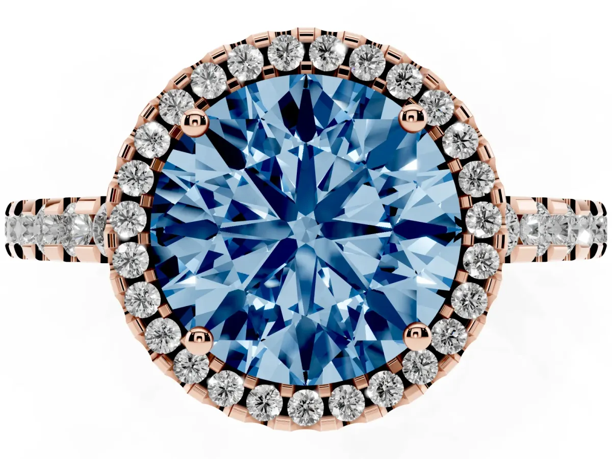 Fancy Blue Round Cut Diamond Halo Engagement Ring with Pavé Band and Prong Setting Rose gold