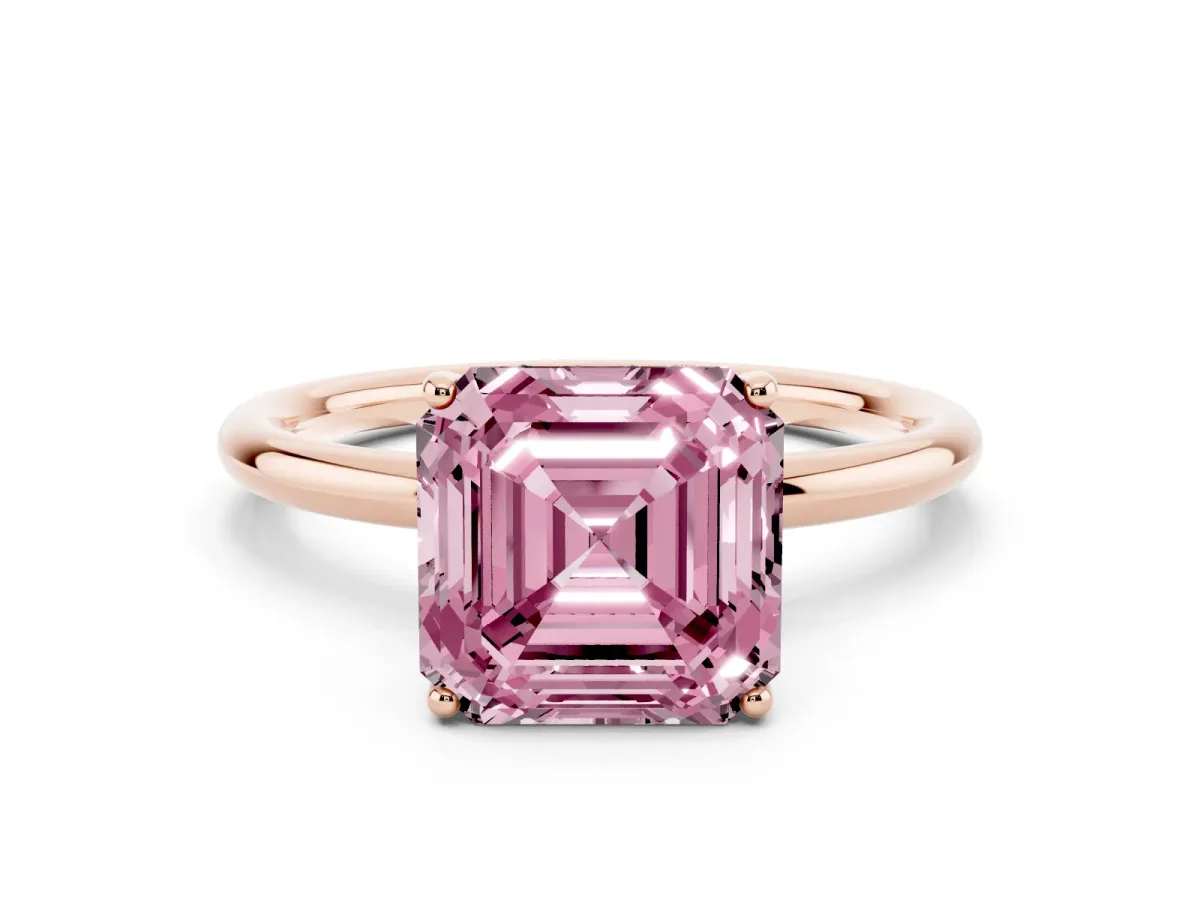 Fancy Pink Asscher Cut Solitaire Diamond Ring with a Classic Band and Four-Prong Setting Rose gold