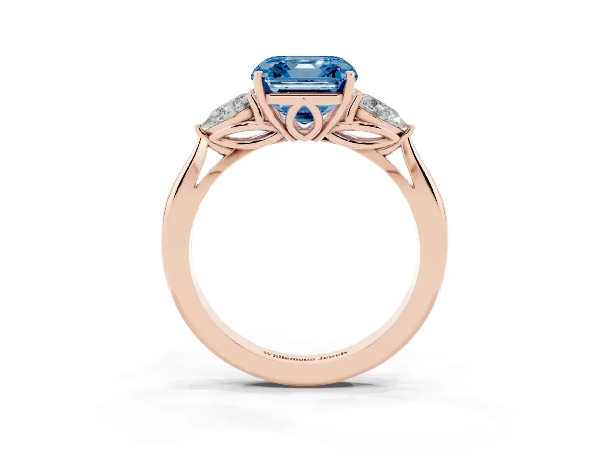 Fancy Blue Asscher Cut Diamond Three-Stone Ring with Pear Side Stones and Prong Setting Rose gold