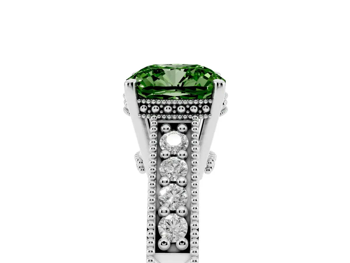 Fancy Green Cushion Cut Solitaire Pavé Diamond Milgrain Engagement Ring with Four-Prong Setting Silver