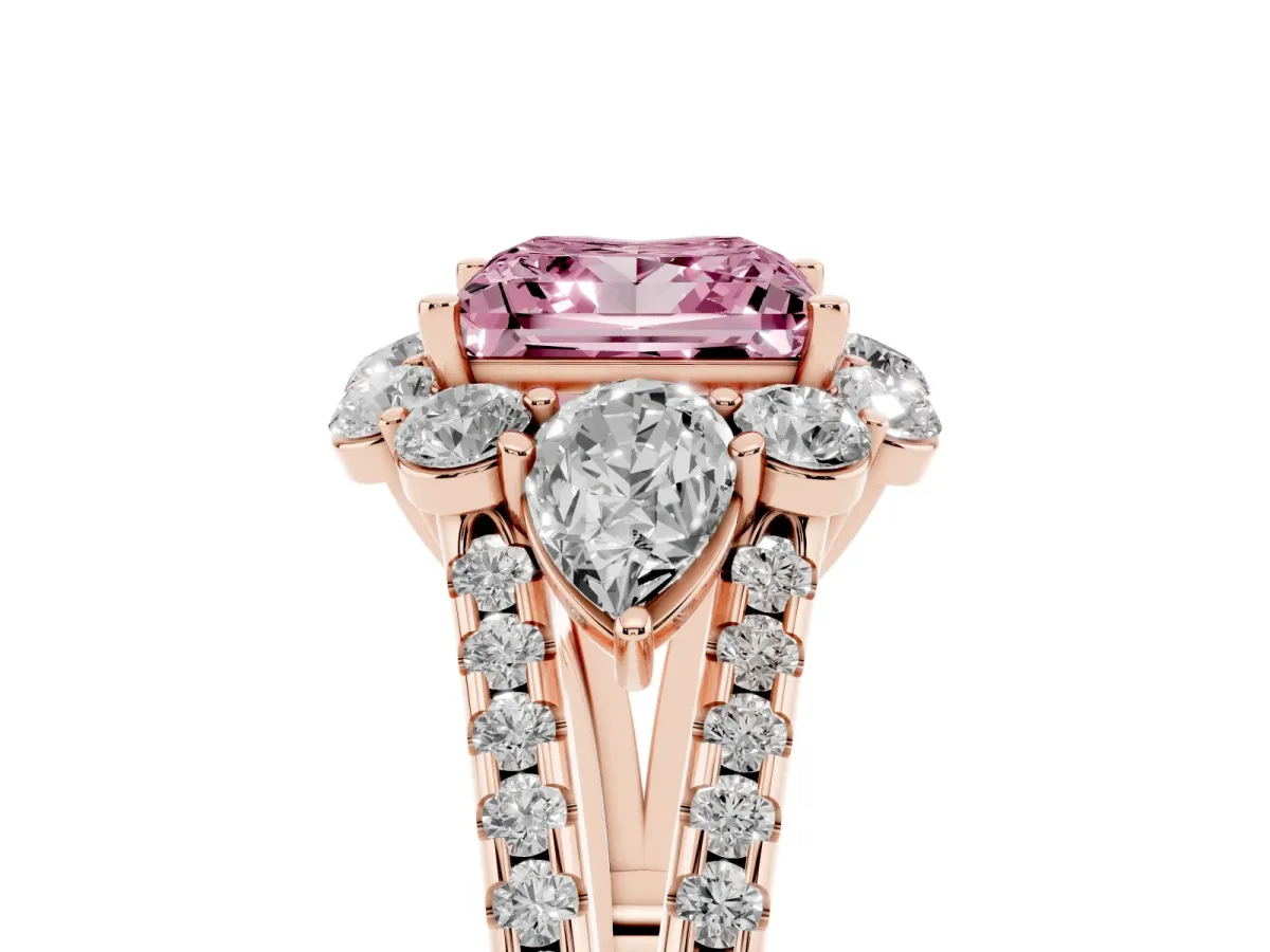 Fancy Pink Princess Cut Halo Split Shank Diamond Engagement Ring with Prong Setting Rose gold