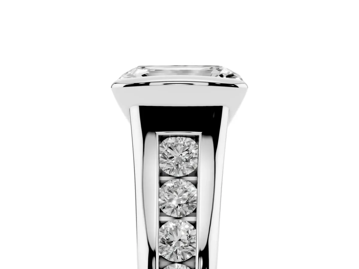 Emerald Cut Solitaire Bezel-Set Diamond Ring with Channel-Set Band Platinum