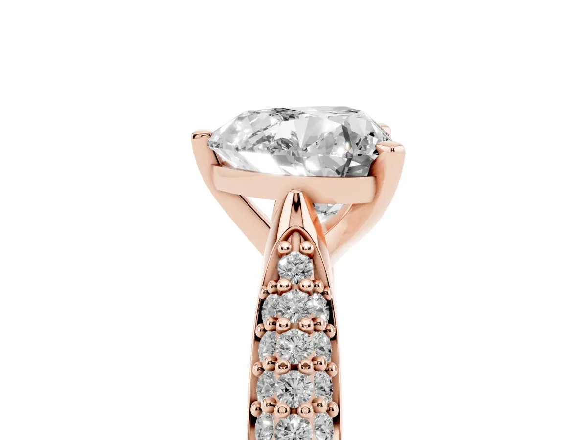 Heart Cut Diamond Solitaire Engagement Ring with Multi-Row Round Pavé Band and Prong Setting Rose gold