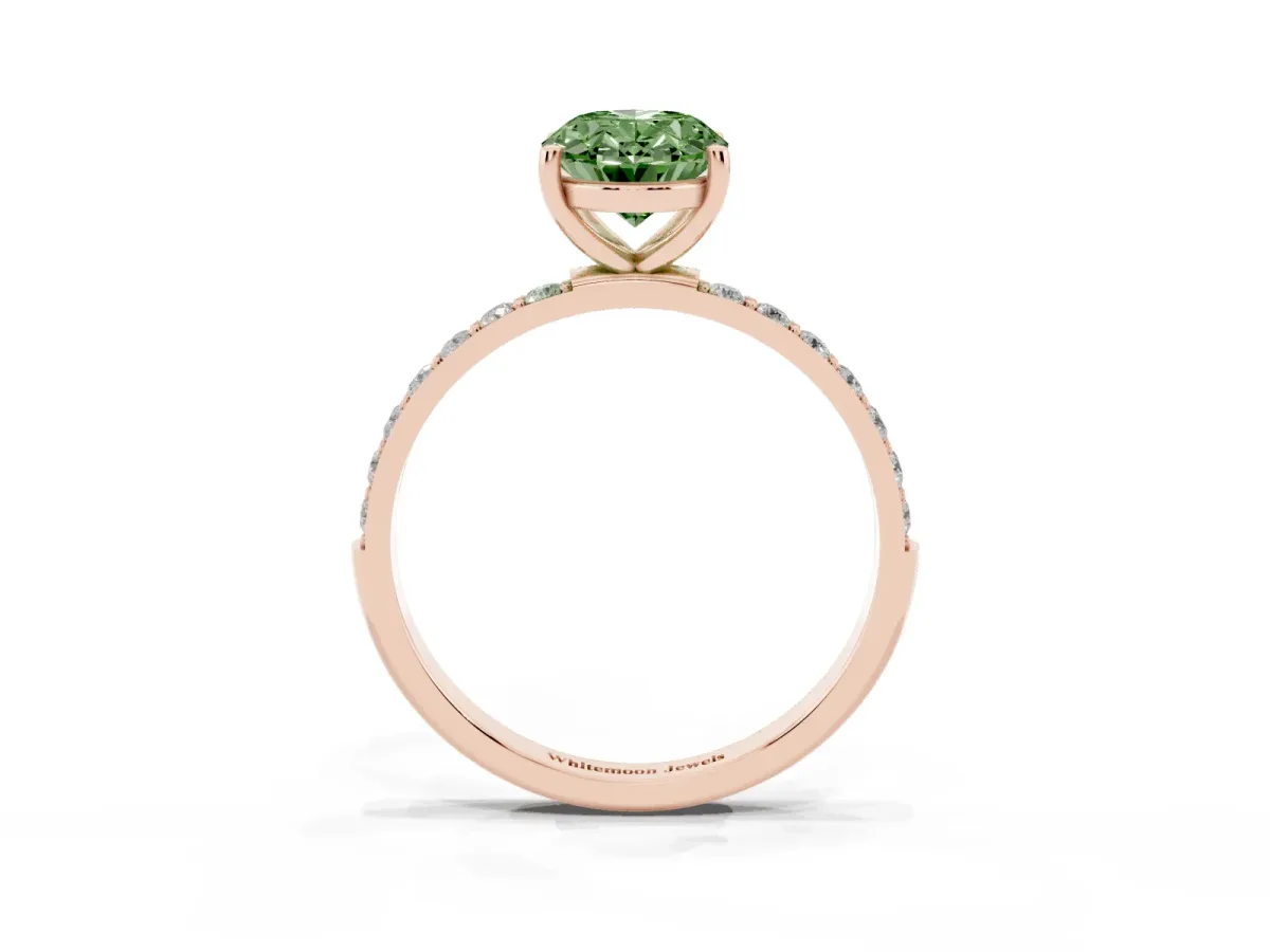 Fancy Green Oval Cut Diamond Solitaire Ring with Round Pavé Shoulders and Prong Setting Rose gold