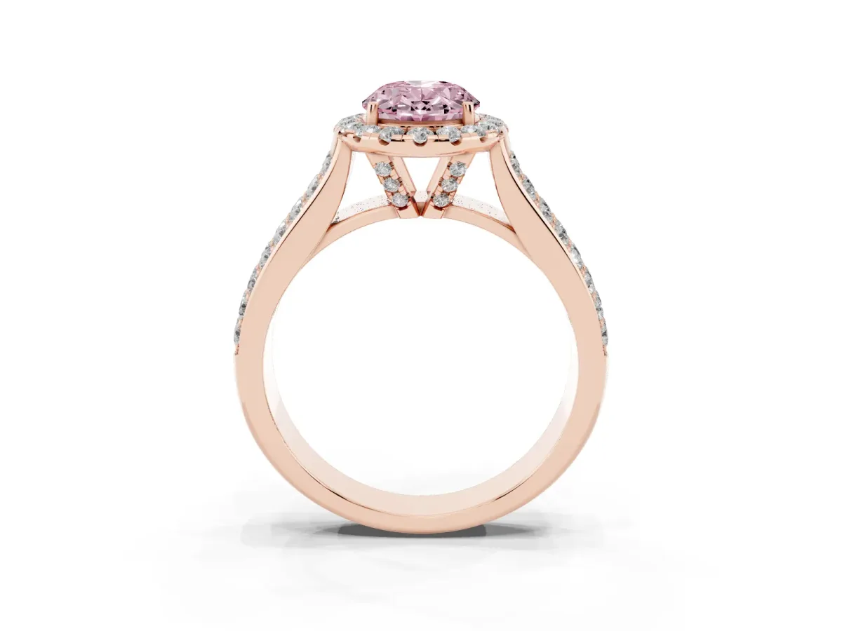 Fancy Pink Oval Cut Halo Round Diamond Pave Band with Prong Setting Rose gold