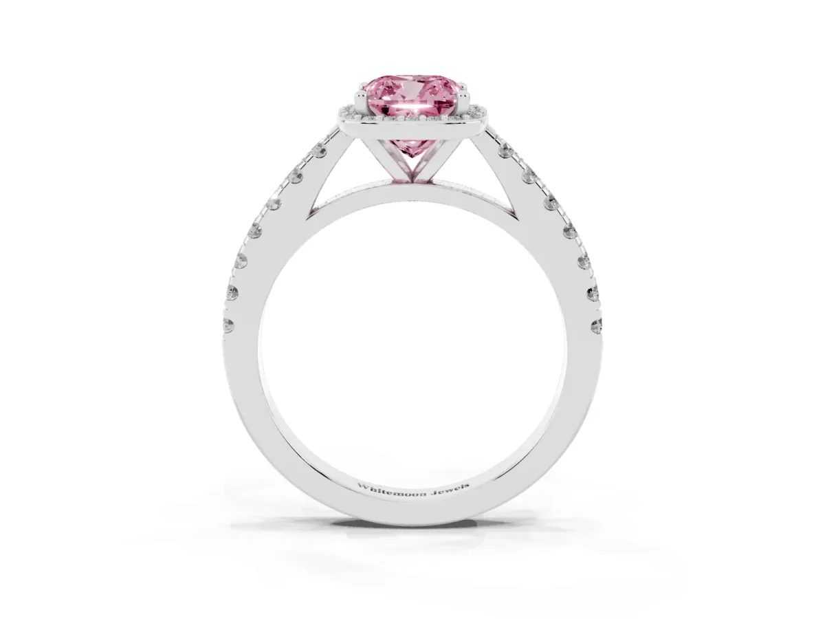 Fancy Pink Cushion Cut Cut Halo Diamond Engagement Ring with Pave Band and Four-Prong Setting Silver