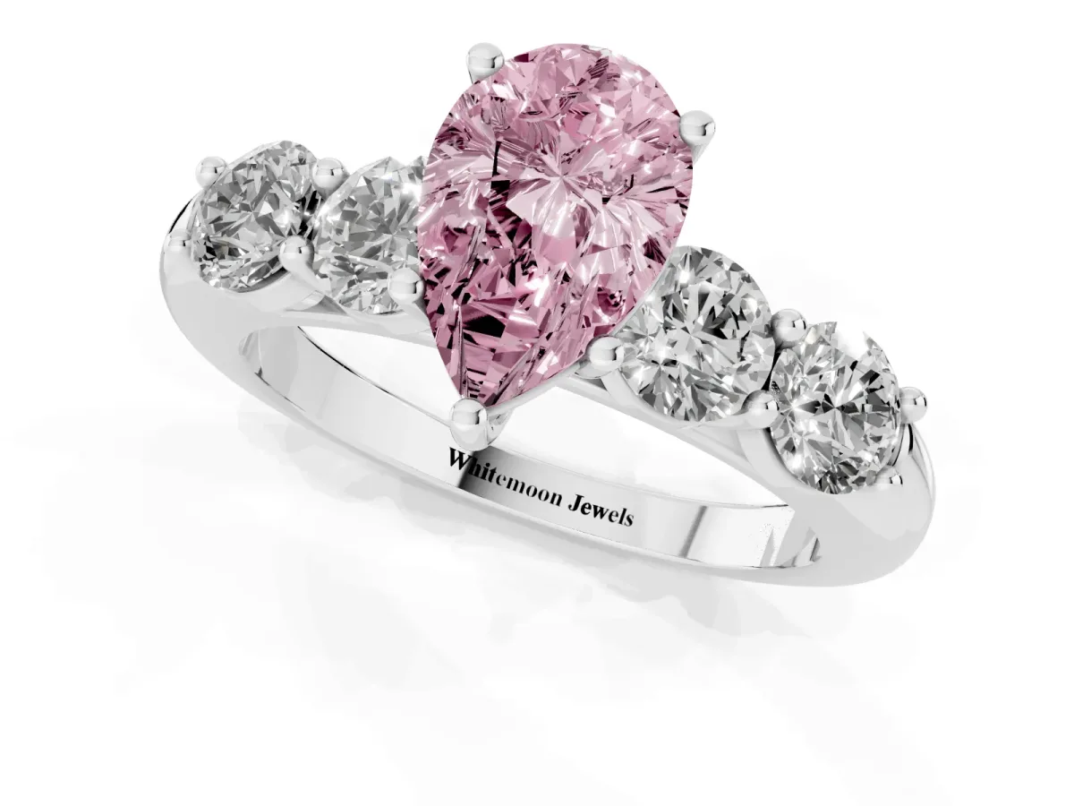 Fancy Pink Pear Cut Cut Five-Stone Prong Set Diamond Ring with Classic Band Platinum