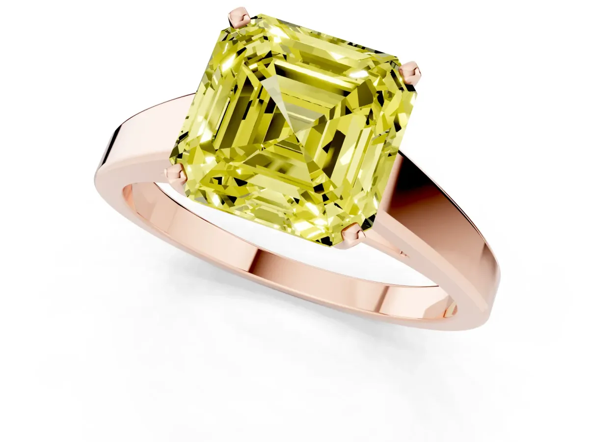 Fancy Yellow Asscher Cut Solitaire Engagement Ring with Four-Prong Setting and Tapered Band Rose gold