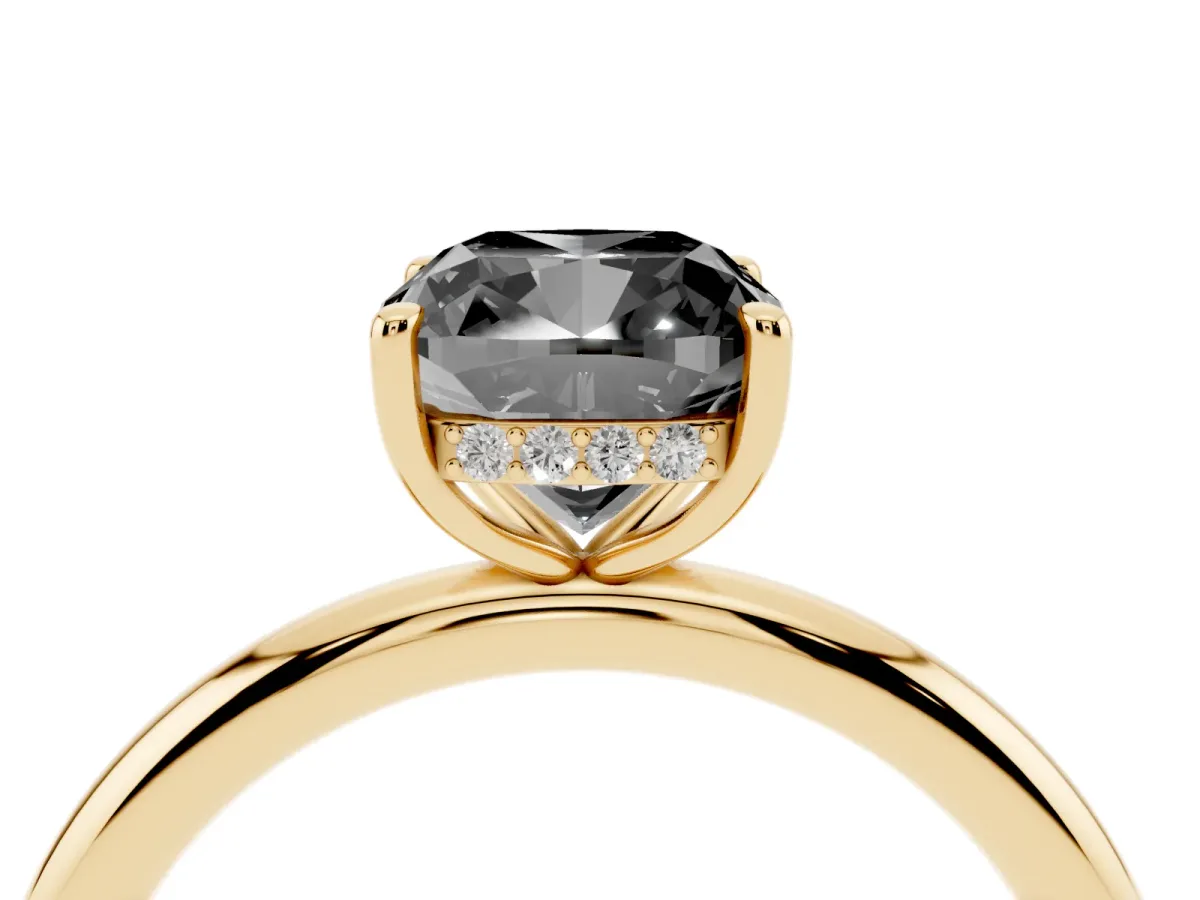 Fancy Black Cushion Cut Diamond Solitaire Ring with Thin Band and Four-Prong Setting Yellow gold