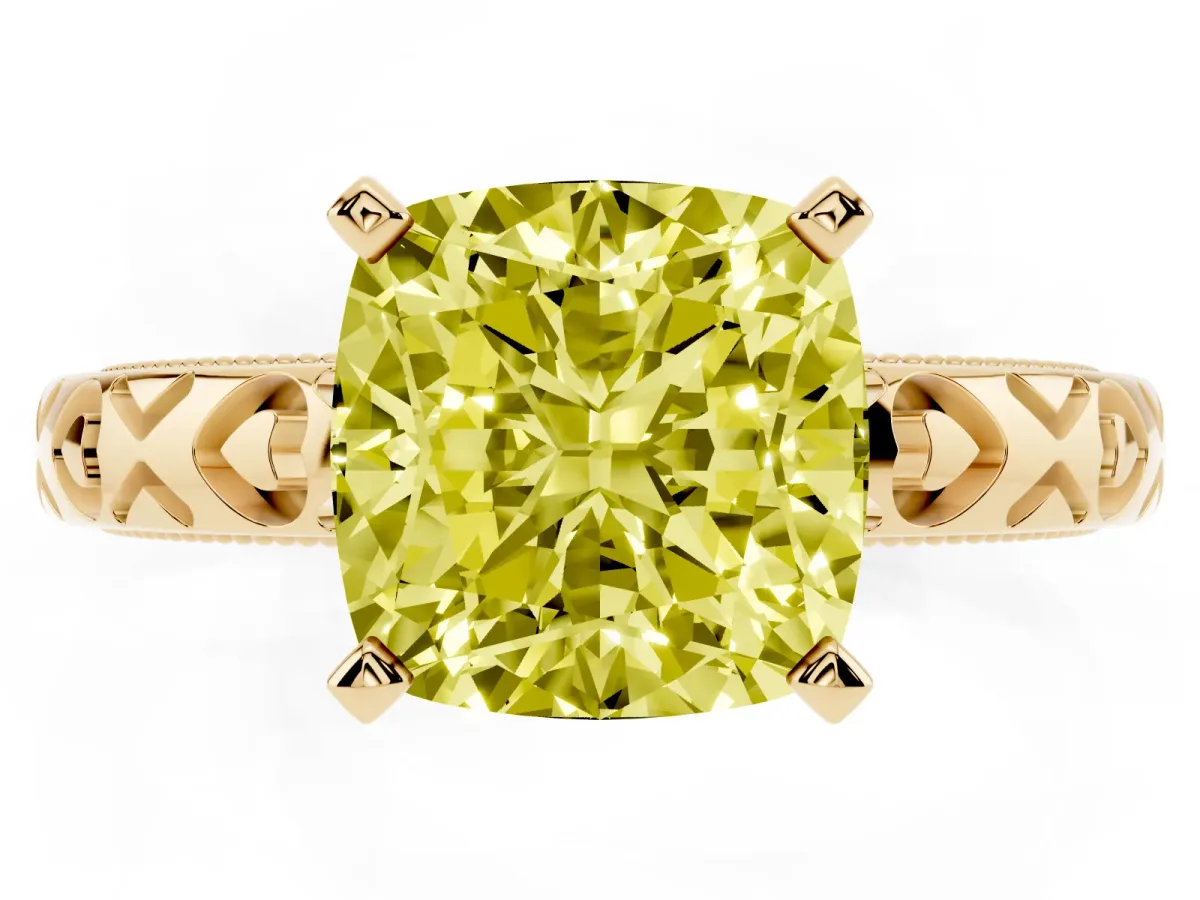 Fancy Yellow Cushion Cut Solitaire Diamond Engagement Ring with XO Engraved Band and Four-Prong Setting Yellow gold