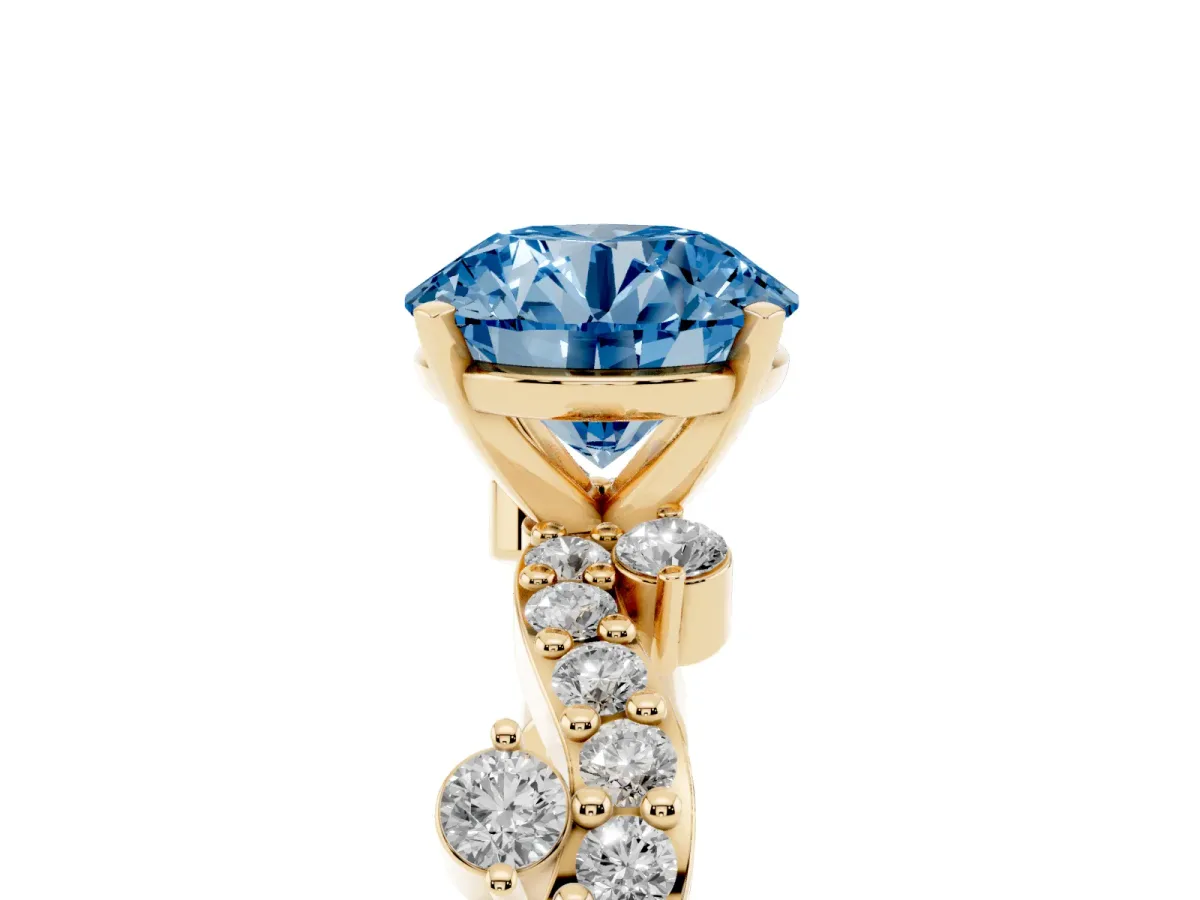 Fancy Blue Round Cut Cut Solitaire Diamond Twisted Band with Pave Setting Yellow gold