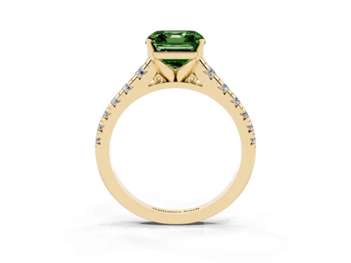 Fancy Green Asscher Cut Diamond Cathedral Solitaire Ring with Round Pavé Band Yellow gold