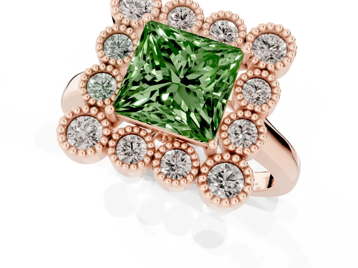 Fancy Green Princess Cut Halo Diamond Cluster Engagement Ring with Milgrain Bezel Setting and Solitaire Band Rose gold