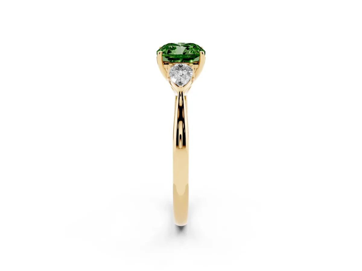 Fancy Green Three-Stone Cushion Cut Diamond Ring with Pear Side Stones in Four-Prong Setting Yellow gold