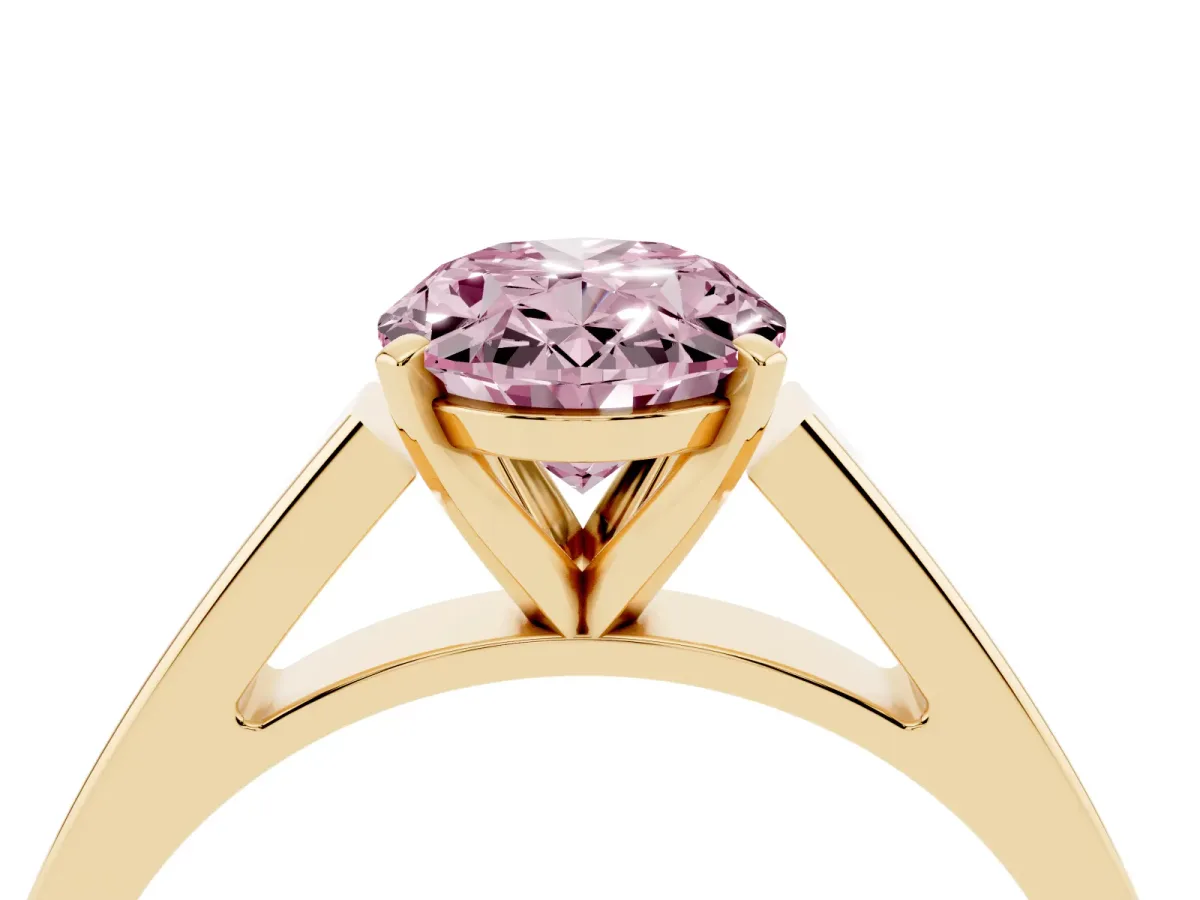 Fancy Pink Oval Cut Solitaire Engagement Ring with Four-Prong Setting and Tapered Band Yellow gold