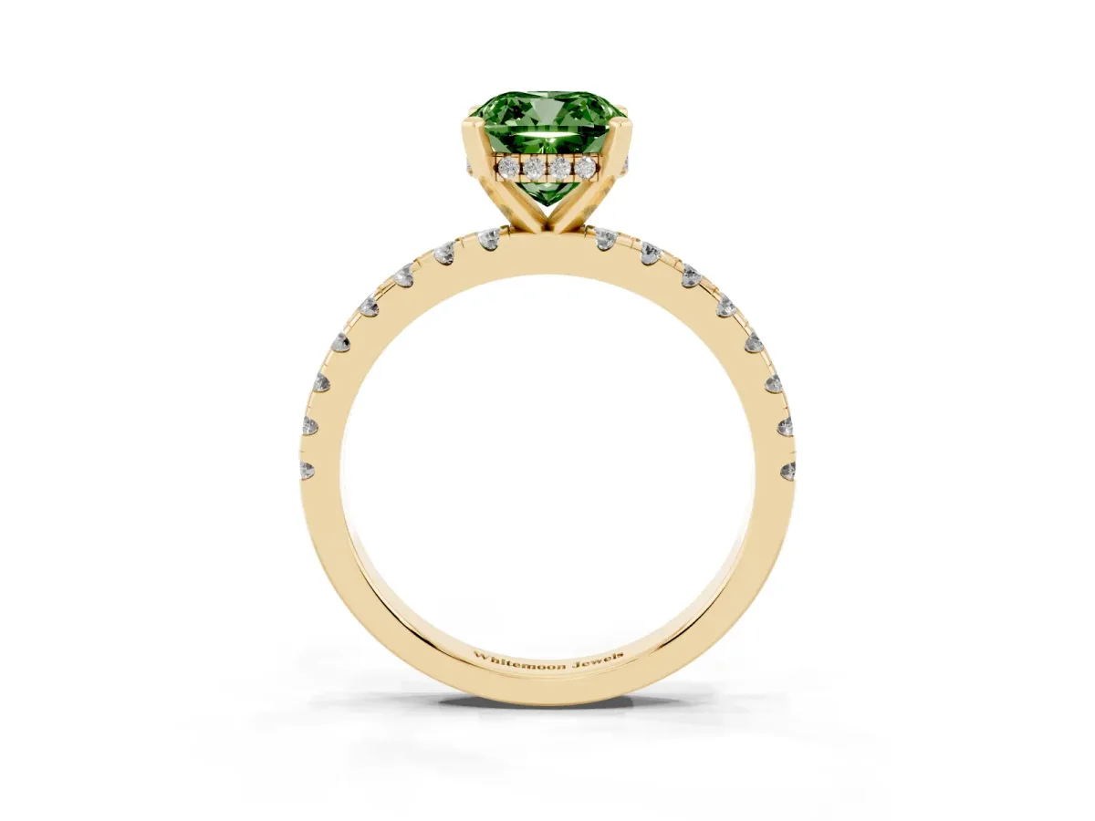Fancy Green Cushion Cut Diamond Solitaire Ring with Round Pavé Band and Four-Prong Setting Yellow gold