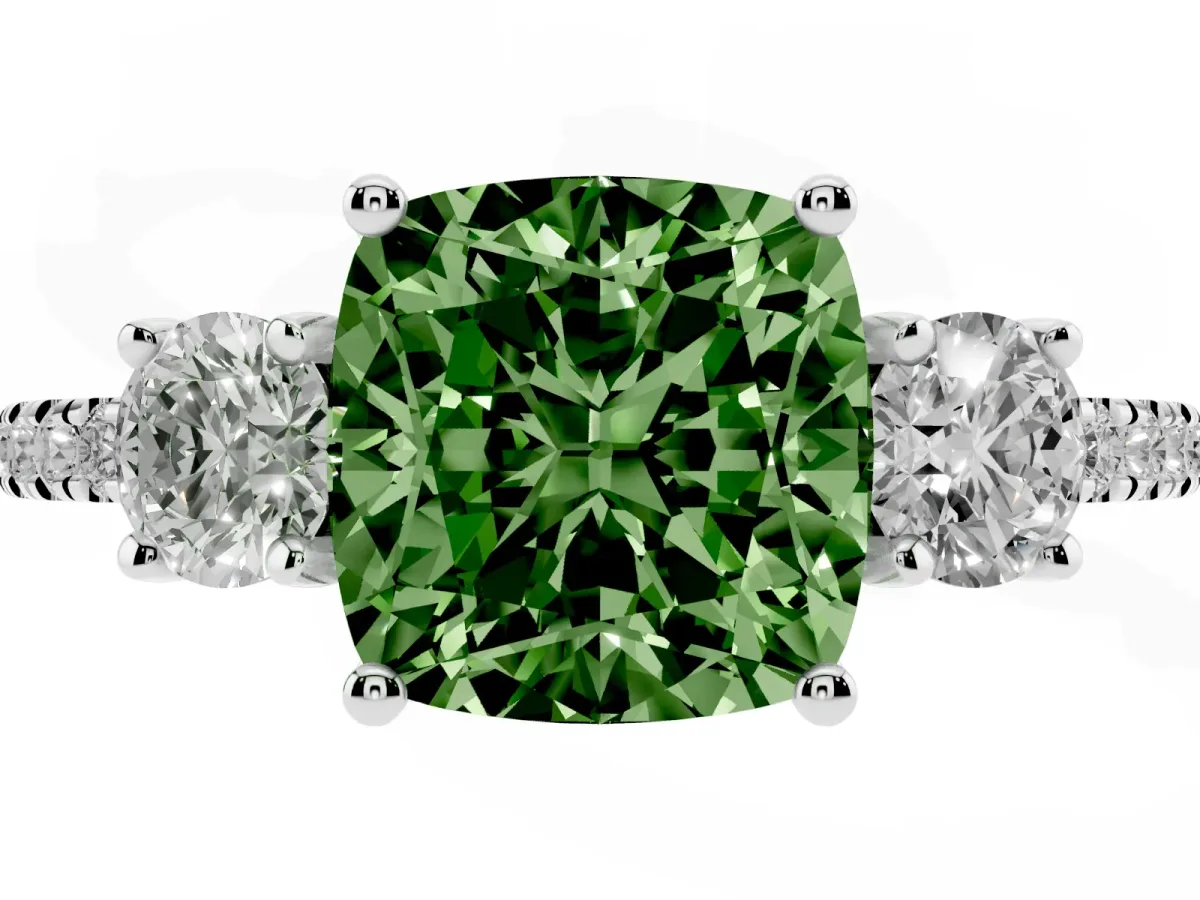 Fancy Green Three-Stone Cushion Cut Cut Diamond Pavé Band with Prong Setting Platinum