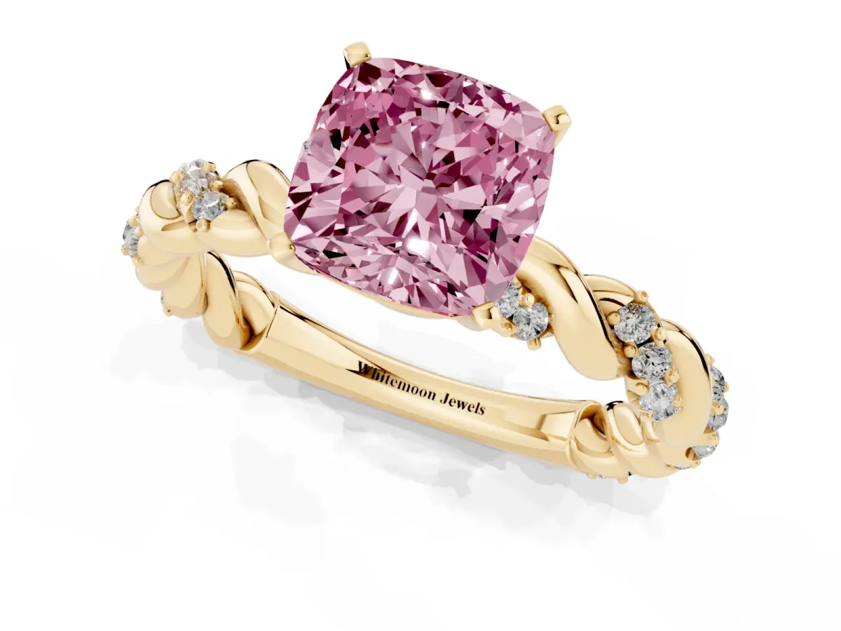 Fancy Pink Cushion Cut Diamond Solitaire Ring with Twisted Band and Pavé Accents Yellow gold
