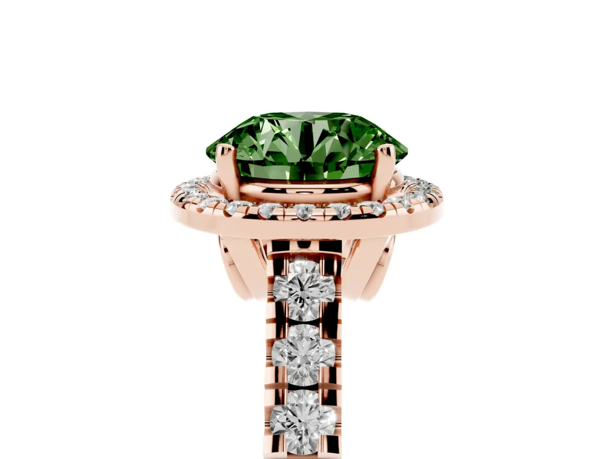 Fancy Green Round Cut Halo Pavé Diamond Engagement Ring with Four-Prong Setting Rose gold