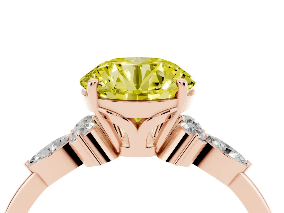 Fancy Yellow Round Cut Brilliant Diamond Solitaire Ring with Pear Side Stones and Four-Prong Setting Rose gold