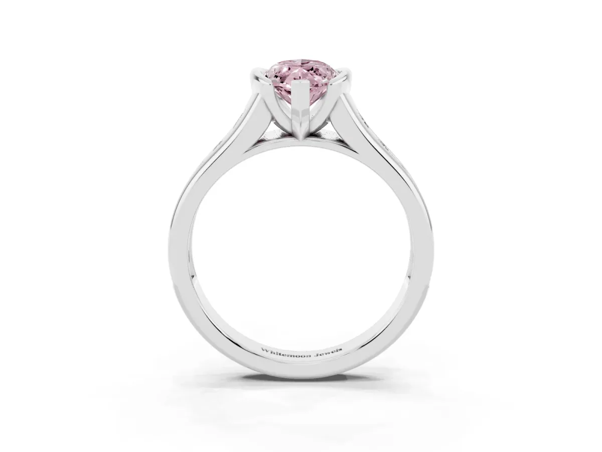 Fancy Pink Marquise Cut Solitaire Bezel-Set Diamond Ring with Channel-Set Band Silver