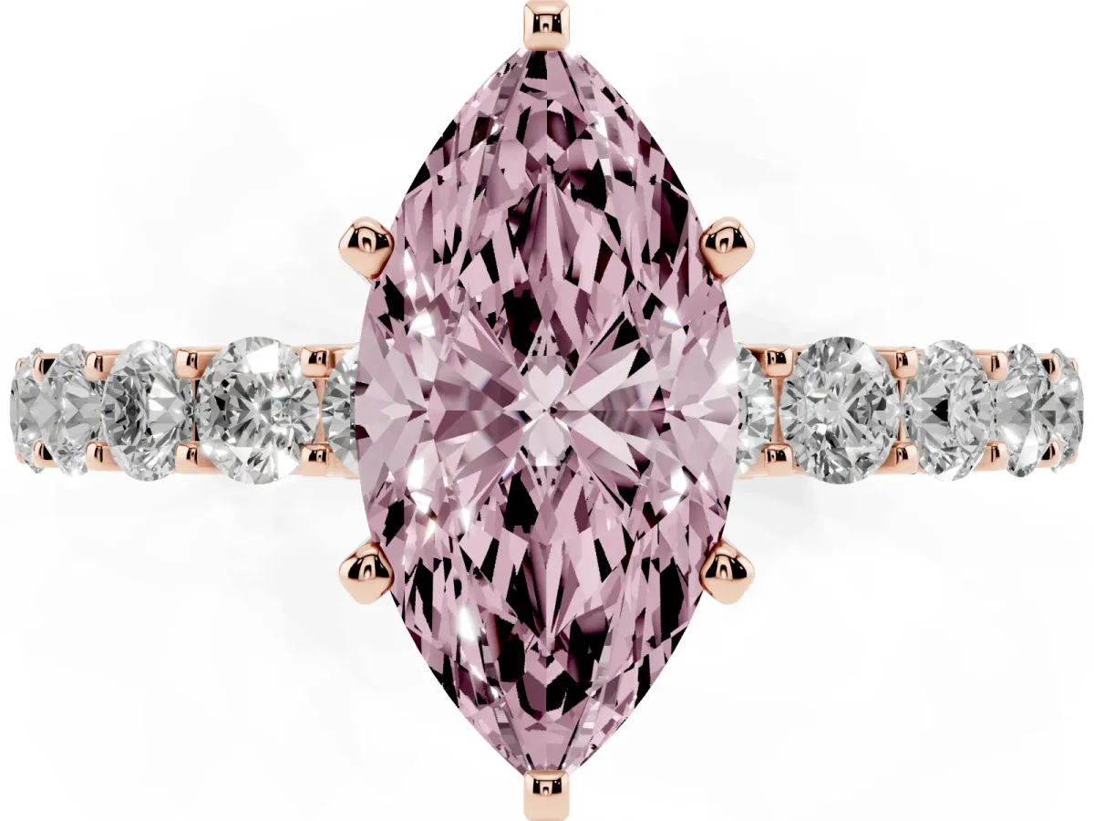 Fancy Pink Marquise Cut Diamond Solitaire Ring with Shared Prong Pavé Band and Four-Prong Setting Rose gold