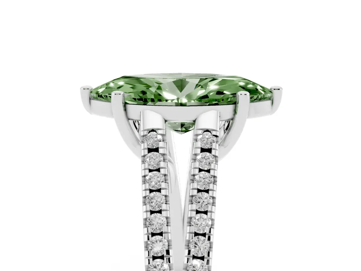Fancy Green Marquise Cut Diamond Solitaire Engagement Ring with Split Shank Pavé Band Silver