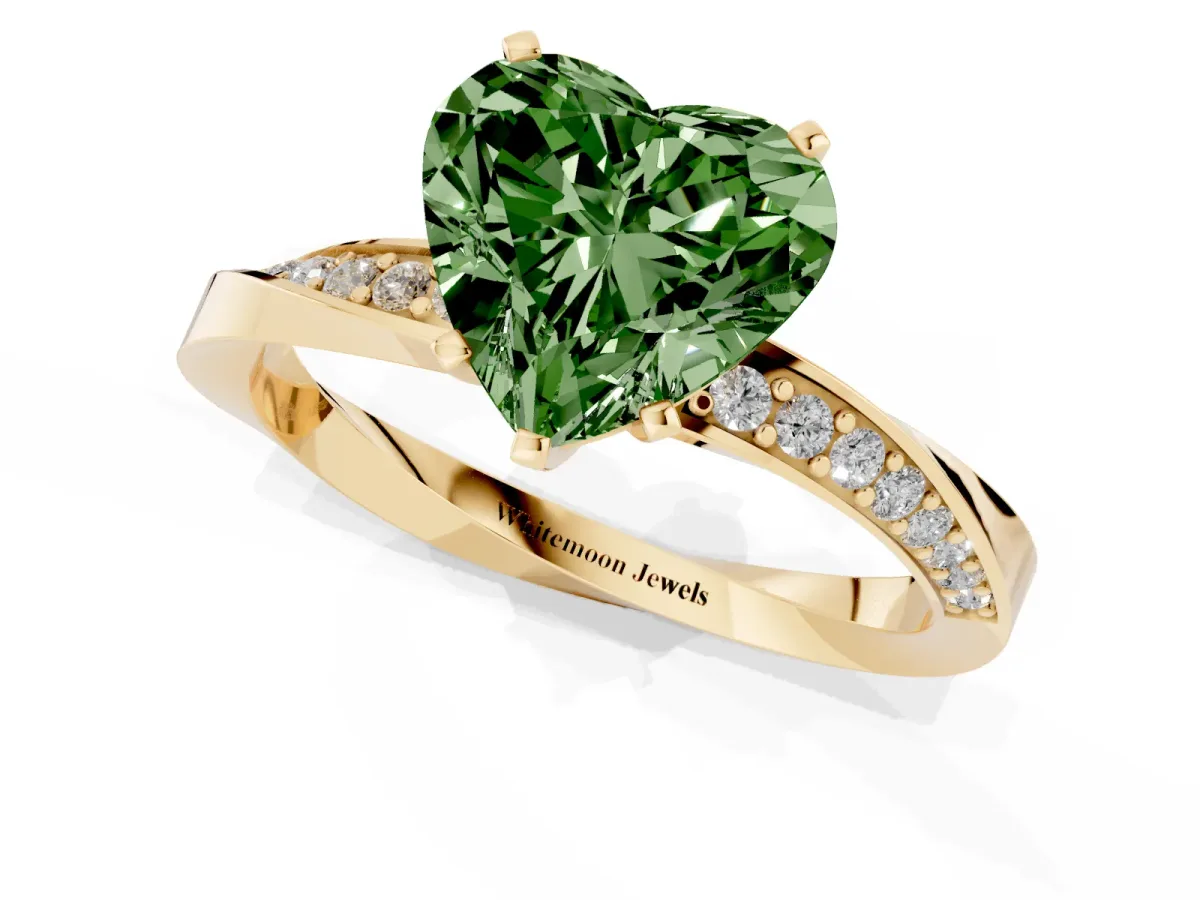Fancy Green Heart Cut Diamond Engagement Ring with Side Stone Accents and Four-Prong Setting Yellow gold