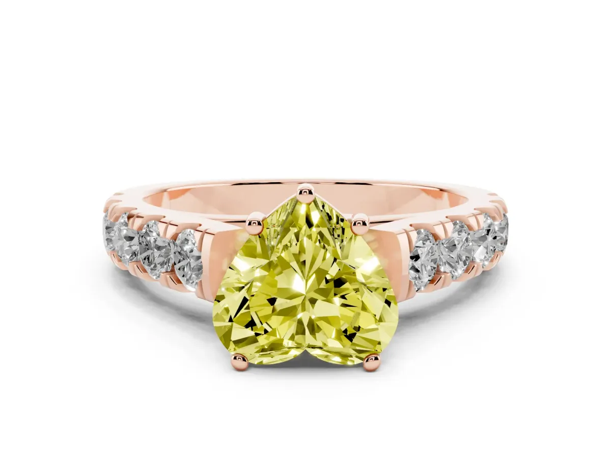 Fancy Yellow Heart Cut Cut Diamond Solitaire Ring with Micro Pave Band and Prong Setting Rose gold