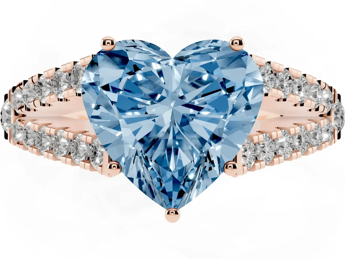 Fancy Blue Heart Cut Diamond Split Shank Pavé Engagement Ring with Four-Prong Setting Rose gold