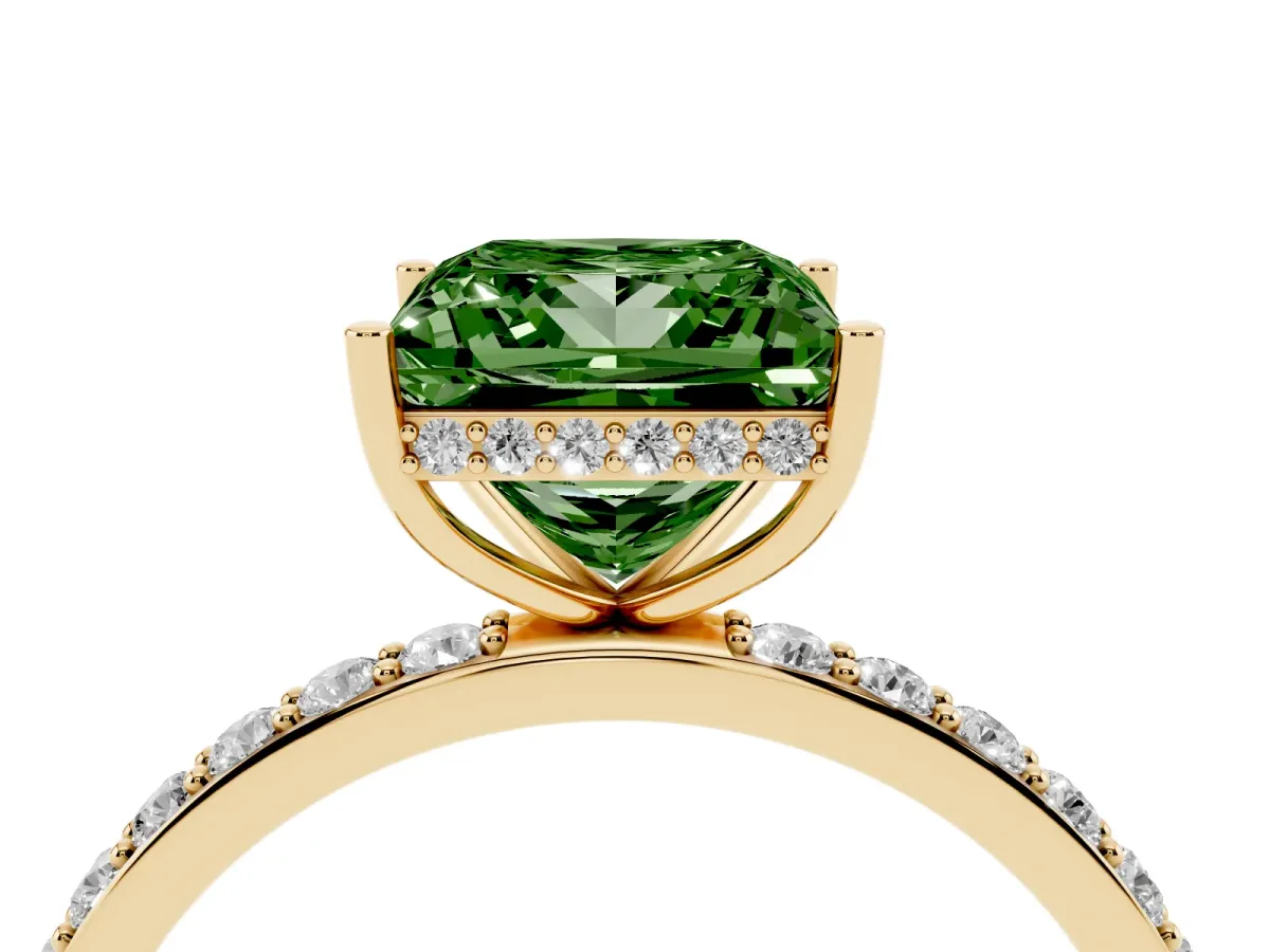 Fancy Green Princess Cut Diamond Solitaire Ring with Pavé Band and Hidden Halo Yellow gold