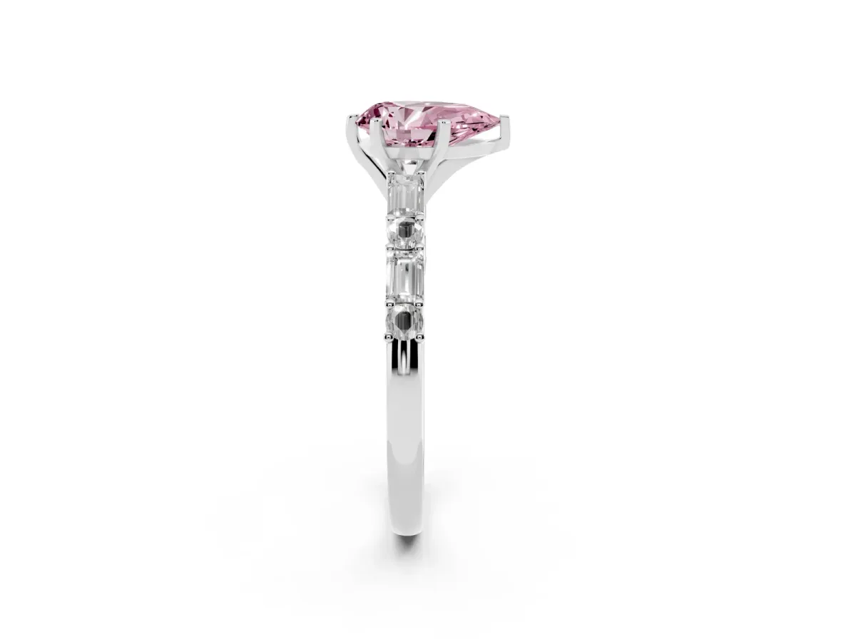Fancy Pink Pear Cut Diamond Solitaire with Side Baguettes and Channel Set Band Silver