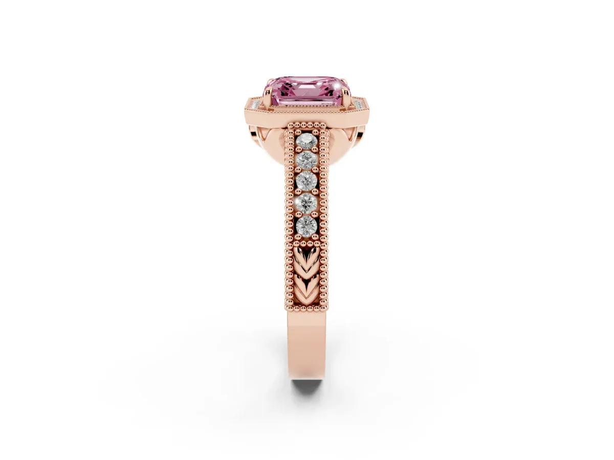 Fancy Pink Asscher Cut Cut Halo Diamond Ring with Pavé Band and Four-Prong Setting Rose gold