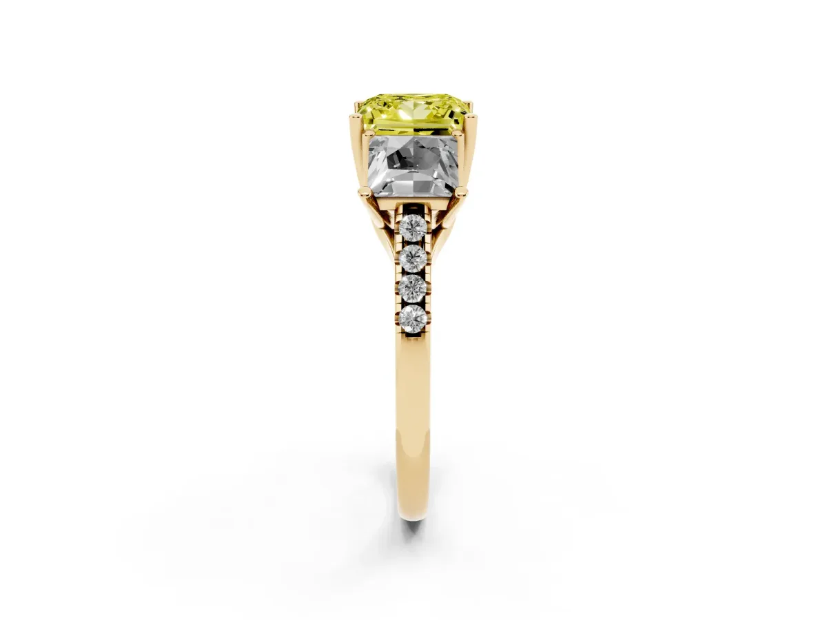 Fancy Yellow Three-Stone Princess Cut Diamond Ring with Round Pavé Band and Prong Setting Yellow gold